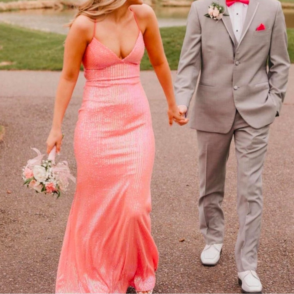 Pink sequin lace-up prom dress!